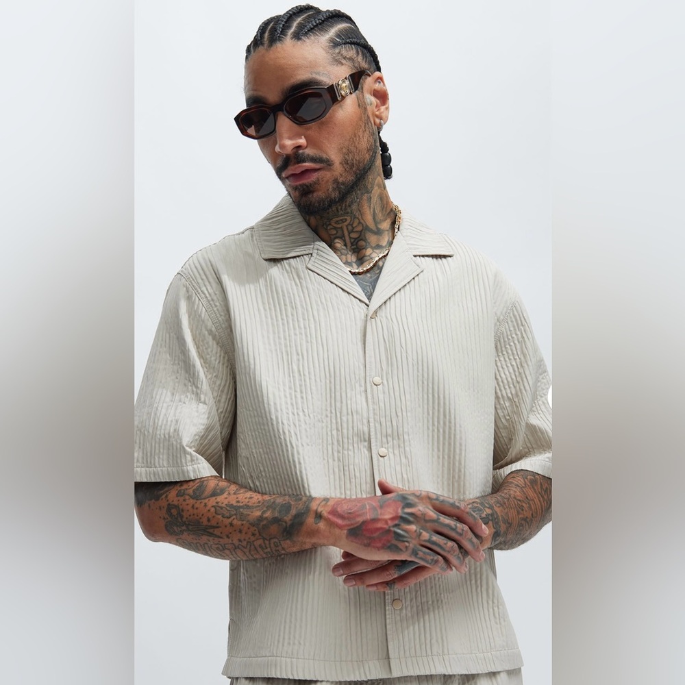 Fashion Nova Beige Textured Button Down Shirt